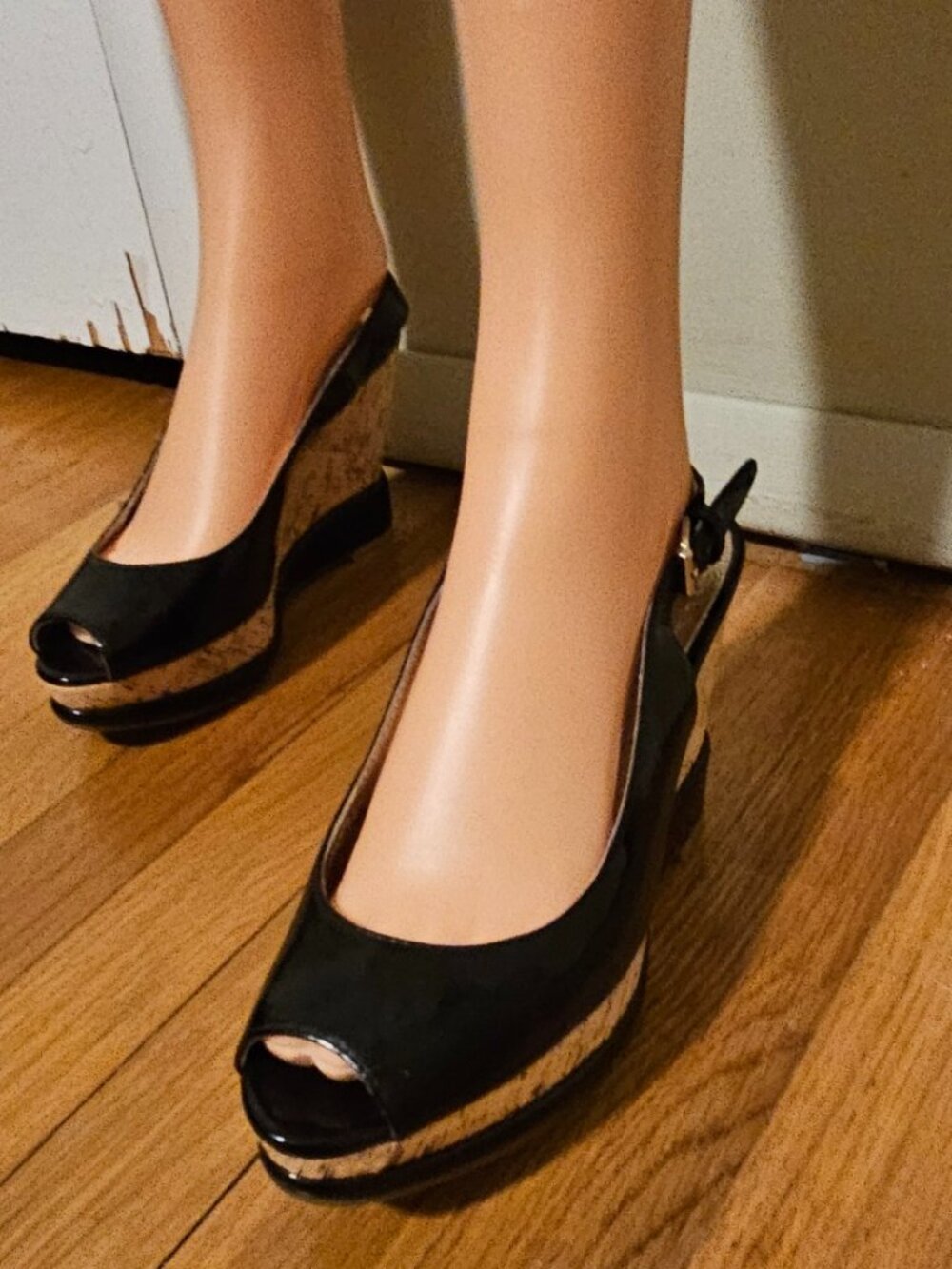 Steve Madden Black Slingback Peep Toe Cork Wedge Pumps Sz 38 fits 7